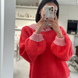 Women's Mia Contrast Knit Jumper - Red/Pink