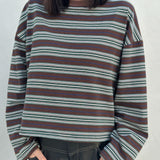 Women's Rhode Stripe Cotton Long Sleeve Tee - Chocolate Rugby Stripe