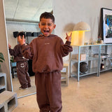 Sporty Puff Print Cotton Hoodie Tracksuit Set - Cocoa