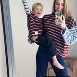 Rowan Stripe Cotton Long Sleeve Tee - Maroon/Blue Stripe
