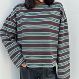 Women's Rhode Stripe Cotton Long Sleeve Tee - Chocolate Rugby Stripe