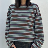 Women's Rhode Stripe Cotton Long Sleeve Tee - Chocolate Rugby Stripe