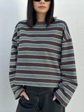 Women's Rhode Stripe Cotton Long Sleeve Tee - Chocolate Rugby Stripe