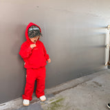 Sporty Puff Print Cotton Hoodie Tracksuit Set - Red