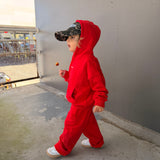 Sporty Puff Print Cotton Hoodie Tracksuit Set - Red