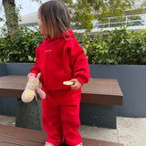 Sporty Puff Print Cotton Hoodie Tracksuit Set - Red