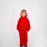 Sporty Puff Print Cotton Hoodie Tracksuit Set - Red