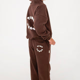 Sporty Puff Print Cotton Hoodie Tracksuit Set - Cocoa