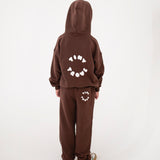Sporty Puff Print Cotton Hoodie Tracksuit Set - Cocoa