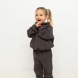 Sporty Puff Print Cotton Hoodie Tracksuit Set - Charcoal