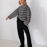 Women's Rhode Stripe Cotton Long Sleeve Tee - Chocolate Rugby Stripe