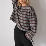 Women's Rhode Stripe Cotton Long Sleeve Tee - Chocolate Rugby Stripe
