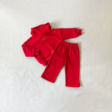 Sporty Puff Print Cotton Hoodie Tracksuit Set - Red