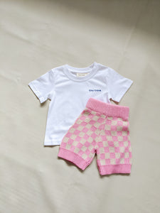 Quincy Checkerboard Knit Shorts - Flamingo/Milk