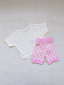 Quincy Checkerboard Knit Shorts - Flamingo/Milk