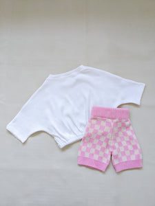 Quincy Checkerboard Knit Shorts - Flamingo/Milk