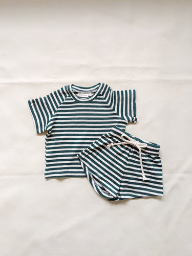 Holliday Waffle Cotton Stripe Set - Emerald/Cream