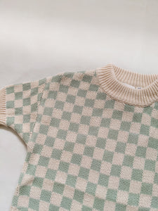 Reef Checkerboard Knit Romper - Sage/Milk