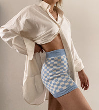 Load image into Gallery viewer, Adult Quincy Checkerboard Knit Shorts - Cornflower Blue/Milk