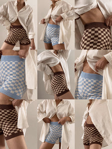 Adult Quincy Checkerboard Knit Shorts - Cornflower Blue/Milk